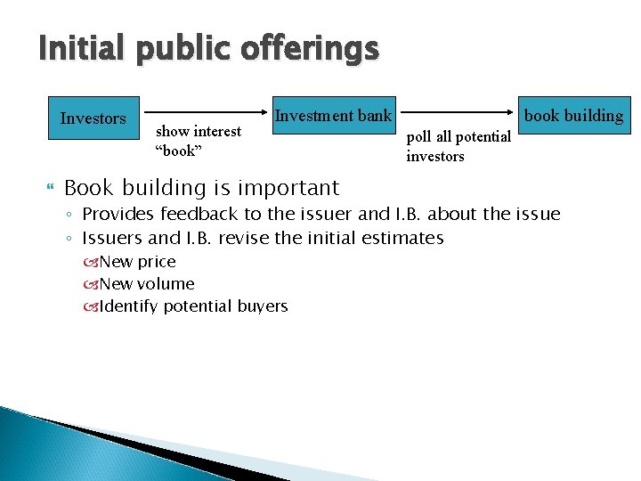 Initial public offerings Investors show interest “book” Investment bank Book building is important book