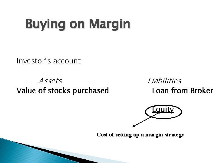 Buying on Margin Investor’s account: Assets Value of stocks purchased Liabilities Loan from Broker