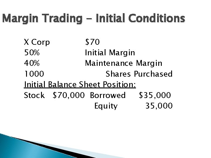 Margin Trading - Initial Conditions X Corp $70 50% Initial Margin 40% Maintenance Margin