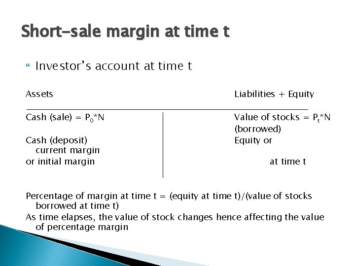 Short-sale margin at time t Investor’s account at time t Assets Liabilities + Equity