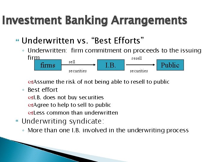 Investment Banking Arrangements Underwritten vs. “Best Efforts” ◦ Underwritten: firm commitment on proceeds to