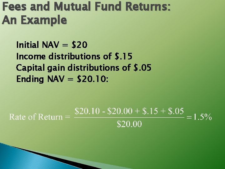 Fees and Mutual Fund Returns: An Example Initial NAV = $20 Income distributions of