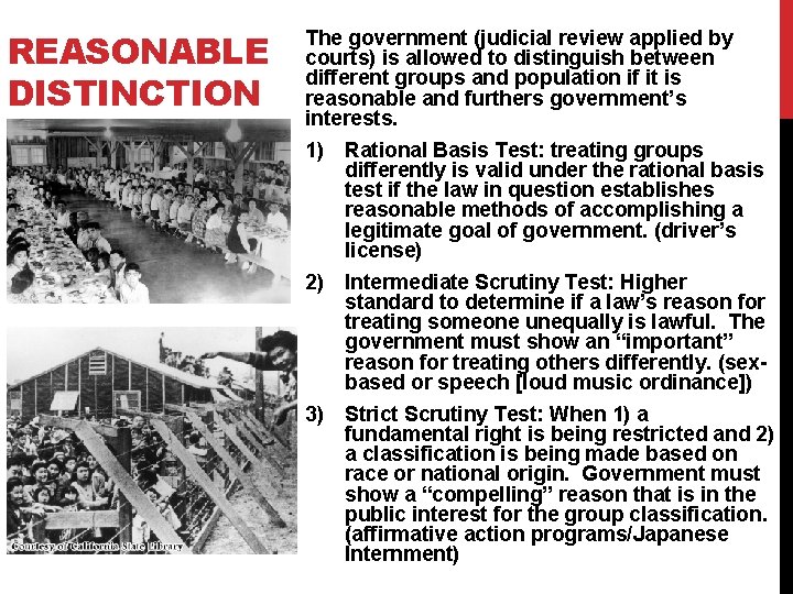 REASONABLE DISTINCTION The government (judicial review applied by courts) is allowed to distinguish between