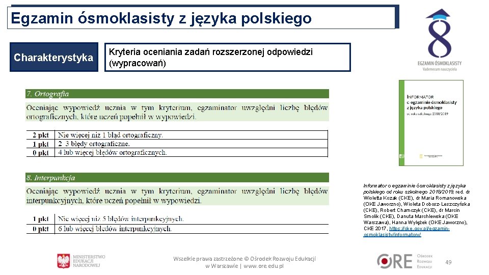 Egzamin ósmoklasisty z języka polskiego Charakterystyka Kryteria oceniania zadań rozszerzonej odpowiedzi (wypracowań) Informator o