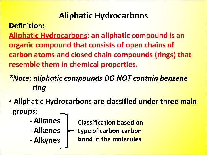 Aliphatic Hydrocarbons Definition: Aliphatic Hydrocarbons: an aliphatic compound is an organic compound that consists