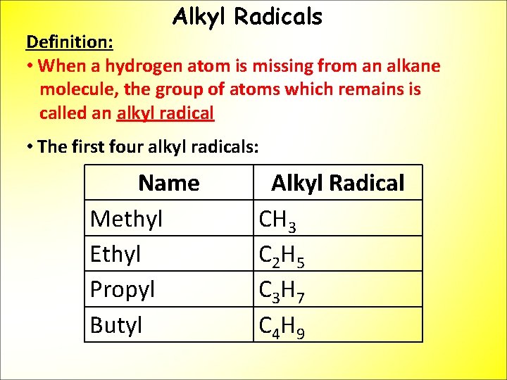 Alkyl Radicals Definition: • When a hydrogen atom is missing from an alkane molecule,