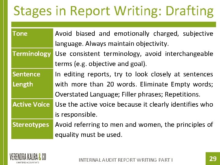 Stages in Report Writing: Drafting Tone Avoid biased and emotionally charged, subjective language. Always