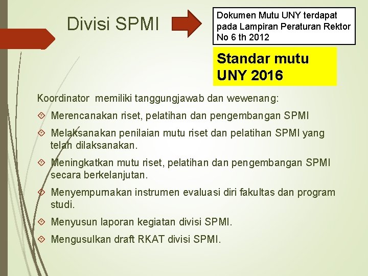 Divisi SPMI Dokumen Mutu UNY terdapat pada Lampiran Peraturan Rektor No 6 th 2012