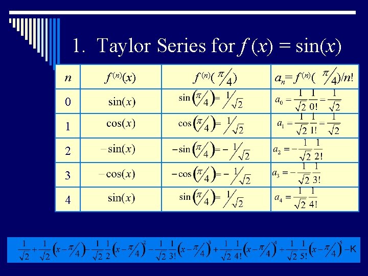 1. Taylor Series for f (x) = sin(x) n 0 1 2 3 4 1. Taylor Series for f (x) = sin(x) n 0 1 2 3 4