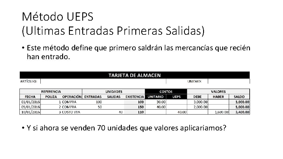 Método UEPS (Ultimas Entradas Primeras Salidas) • Este método define que primero saldrán las