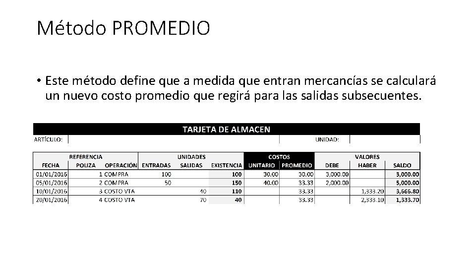 Método PROMEDIO • Este método define que a medida que entran mercancías se calculará