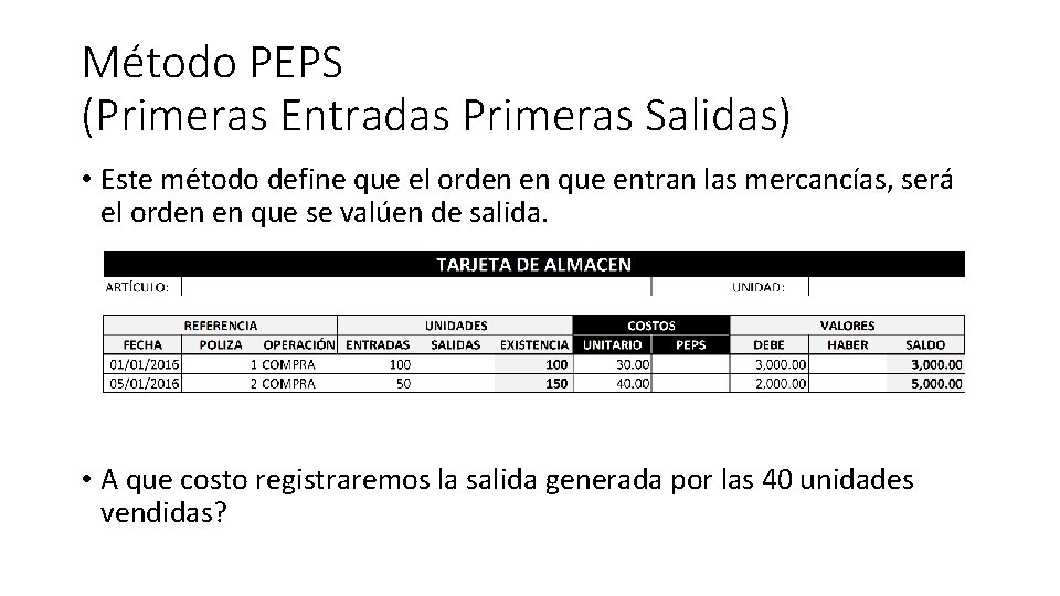 Método PEPS (Primeras Entradas Primeras Salidas) • Este método define que el orden en