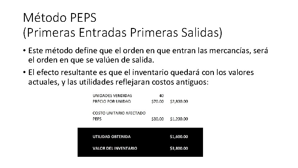 Método PEPS (Primeras Entradas Primeras Salidas) • Este método define que el orden en