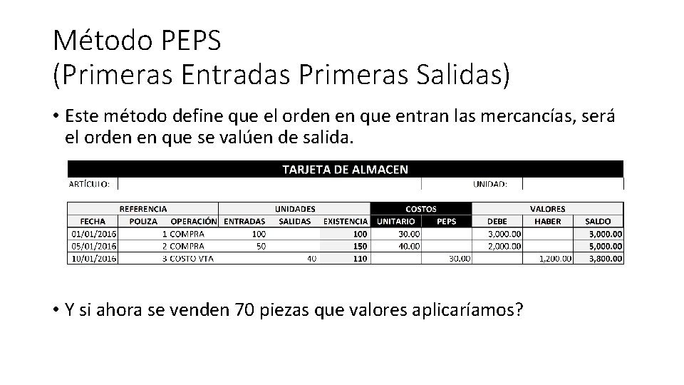 Método PEPS (Primeras Entradas Primeras Salidas) • Este método define que el orden en