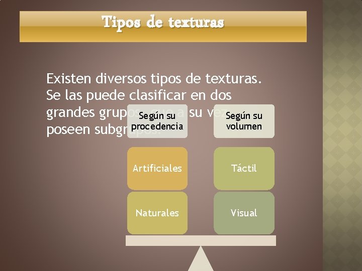 Tipos de t exturas Existen diversos tipos de texturas. Se las puede clasificar en