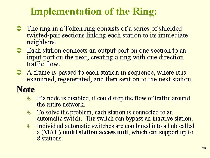Implementation of the Ring: Ü The ring in a Token ring consists of a Implementation of the Ring: Ü The ring in a Token ring consists of a