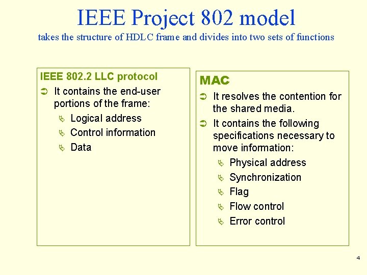 IEEE Project 802 model takes the structure of HDLC frame and divides into two IEEE Project 802 model takes the structure of HDLC frame and divides into two