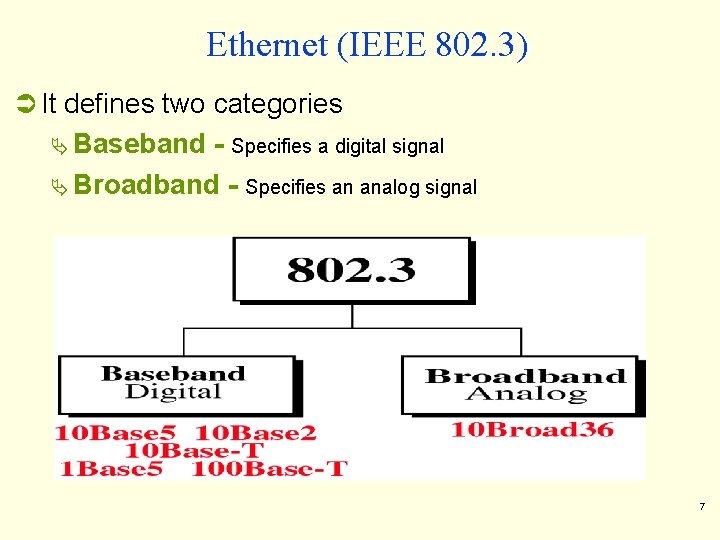 Ethernet (IEEE 802. 3) Ü It defines two categories Ä Baseband - Specifies a Ethernet (IEEE 802. 3) Ü It defines two categories Ä Baseband - Specifies a