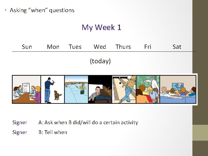  • Asking “when” questions My Week 1 Sun Mon Tues Wed Thurs (today)
