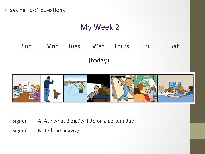  • asking “do” questions My Week 2 Sun Mon Tues Wed Thurs (today)