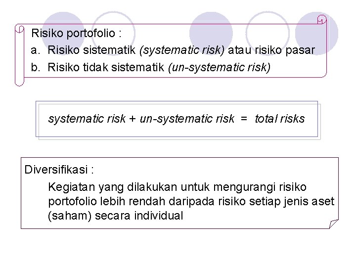 Risiko portofolio : a. Risiko sistematik (systematic risk) atau risiko pasar b. Risiko tidak Risiko portofolio : a. Risiko sistematik (systematic risk) atau risiko pasar b. Risiko tidak