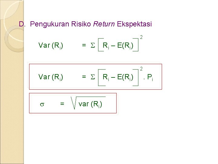 D. Pengukuran Risiko Return Ekspektasi 2 Var (Ri) = Ri – E(Ri) 2 Var D. Pengukuran Risiko Return Ekspektasi 2 Var (Ri) = Ri – E(Ri) 2 Var