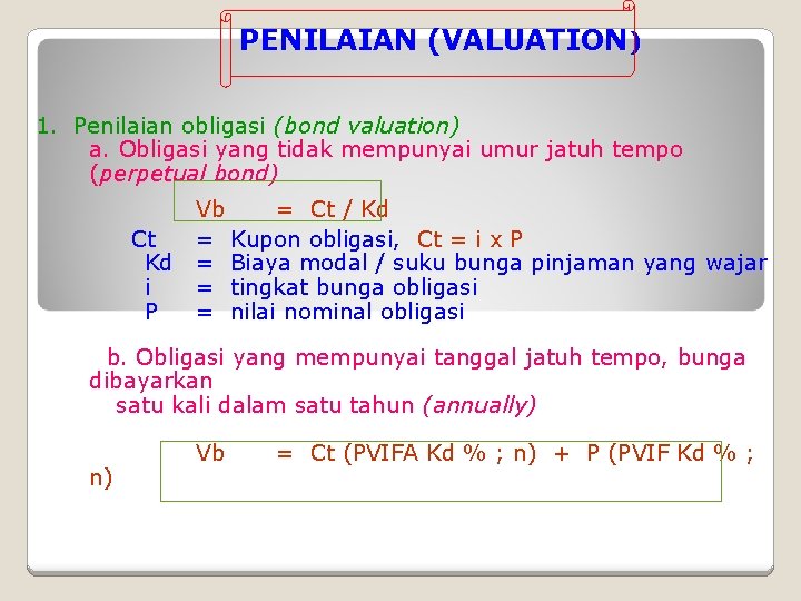 PENILAIAN (VALUATION) 1. Penilaian obligasi (bond valuation) a. Obligasi yang tidak mempunyai umur jatuh
