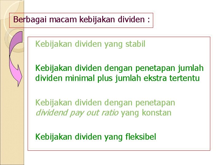 Berbagai macam kebijakan dividen : Kebijakan dividen yang stabil Kebijakan dividen dengan penetapan jumlah Berbagai macam kebijakan dividen : Kebijakan dividen yang stabil Kebijakan dividen dengan penetapan jumlah