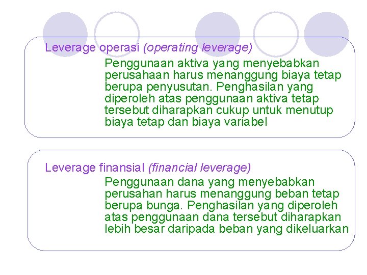 Leverage operasi (operating leverage) Penggunaan aktiva yang menyebabkan perusahaan harus menanggung biaya tetap berupa