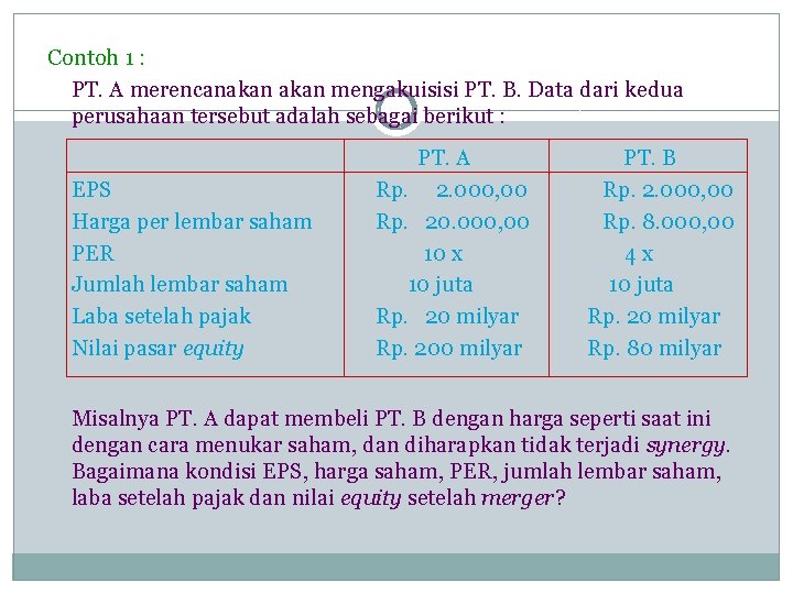 Contoh 1 : PT. A merencanakan mengakuisisi PT. B. Data dari kedua perusahaan tersebut Contoh 1 : PT. A merencanakan mengakuisisi PT. B. Data dari kedua perusahaan tersebut