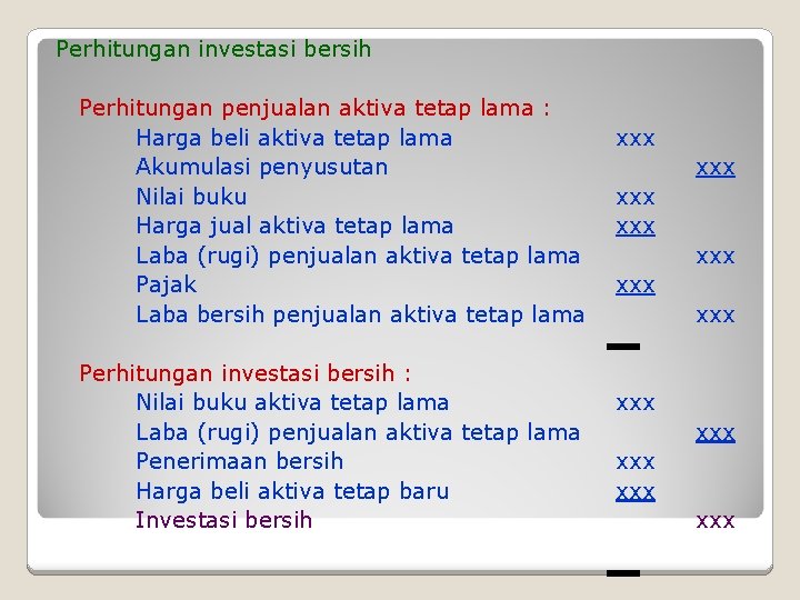 Perhitungan investasi bersih Perhitungan penjualan aktiva tetap lama : Harga beli aktiva tetap lama