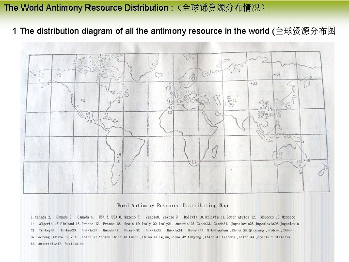 The World Antimony Resource Distribution : （全球锑资源分布情况） 1 The distribution diagram of all the