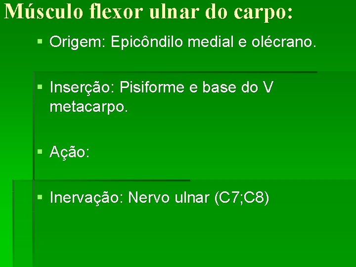 Músculo flexor ulnar do carpo: § Origem: Epicôndilo medial e olécrano. § Inserção: Pisiforme