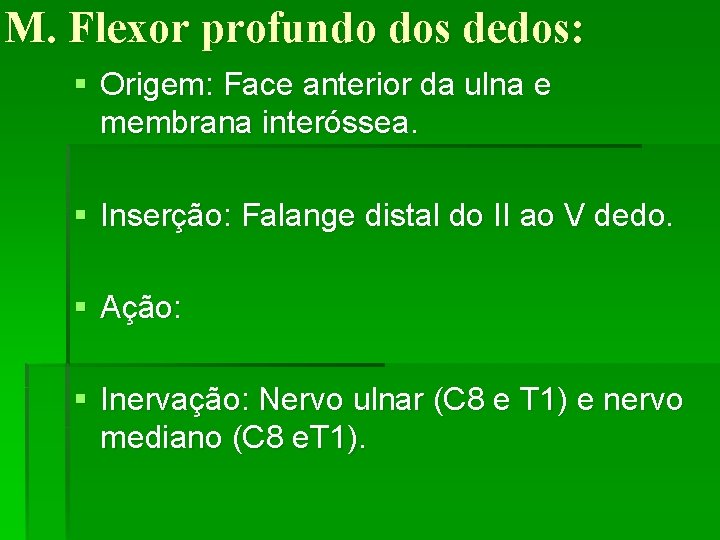 M. Flexor profundo dos dedos: § Origem: Face anterior da ulna e membrana interóssea.