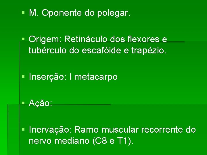 § M. Oponente do polegar. § Origem: Retináculo dos flexores e tubérculo do escafóide