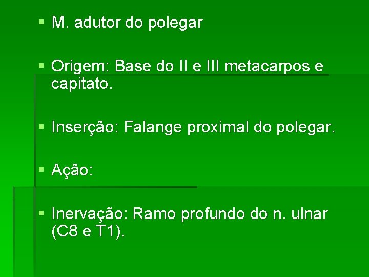 § M. adutor do polegar § Origem: Base do II e III metacarpos e