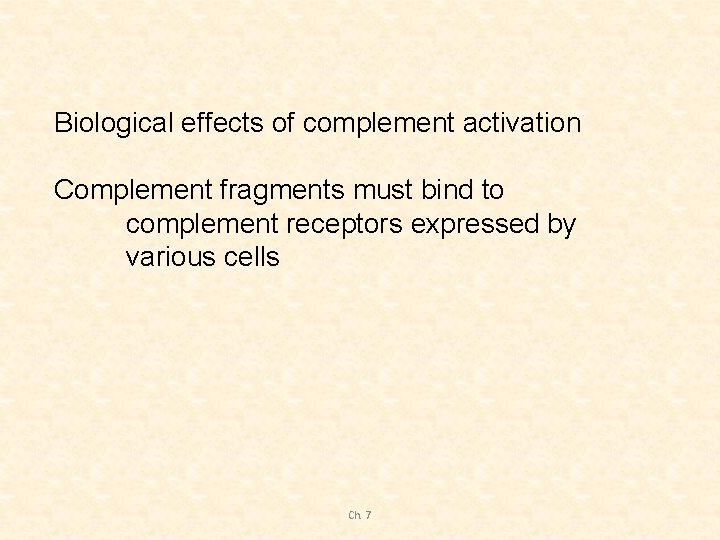 Biological effects of complement activation Complement fragments must bind to complement receptors expressed by