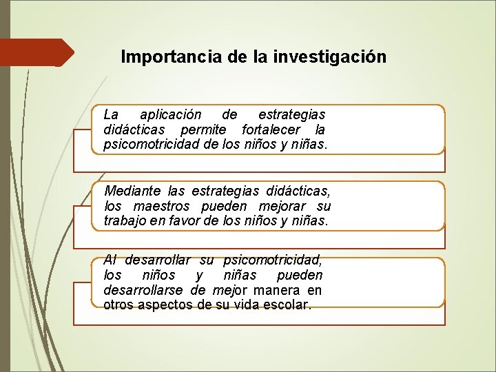 Importancia de la investigación La aplicación de estrategias didácticas permite fortalecer la psicomotricidad de