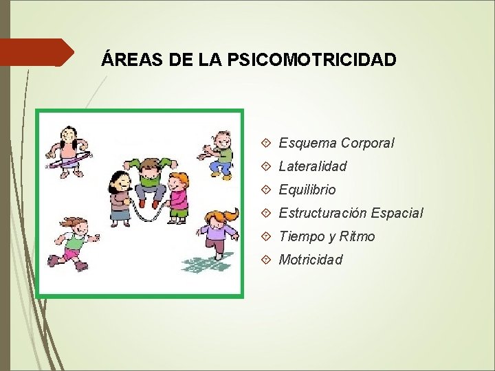 ÁREAS DE LA PSICOMOTRICIDAD Esquema Corporal Lateralidad Equilibrio Estructuración Espacial Tiempo y Ritmo Motricidad