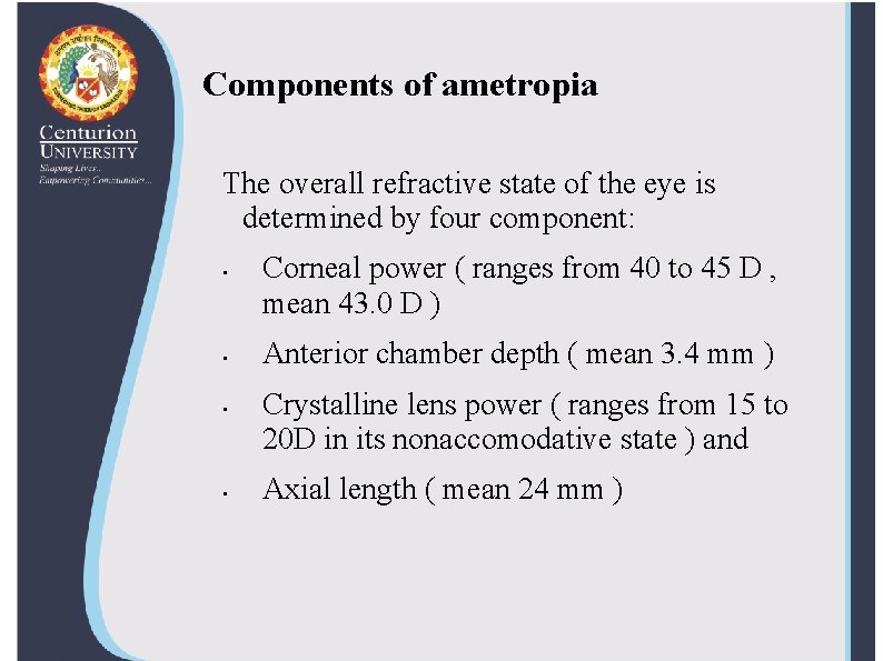 Components of ametropia The overall refractive state of the eye is determined by four