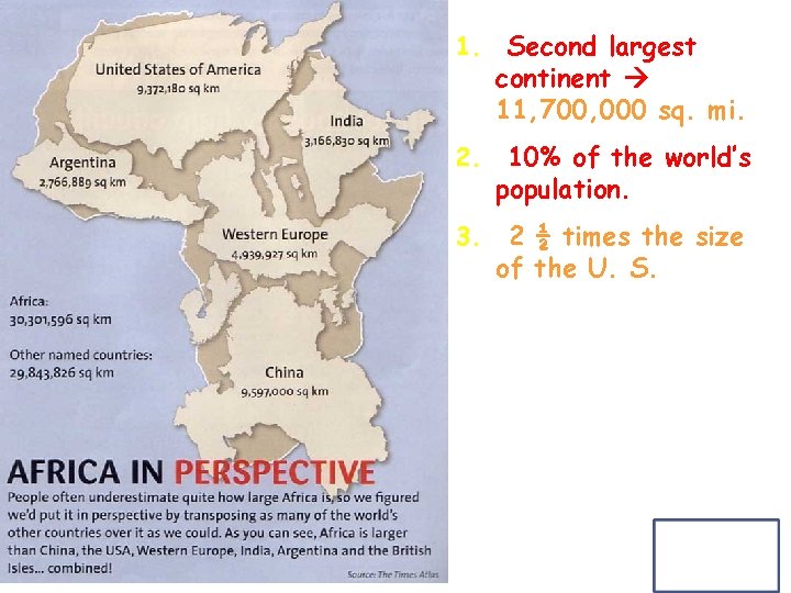 1. Second largest continent 11, 700, 000 sq. mi. 2. 10% of the world’s
