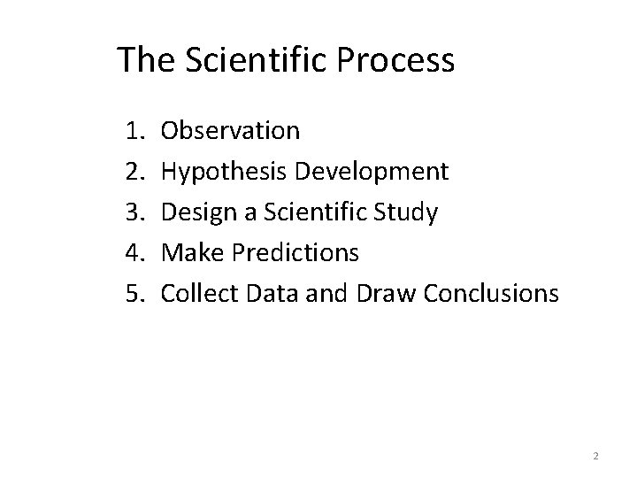 The Scientific Process 1. 2. 3. 4. 5. Observation Hypothesis Development Design a Scientific