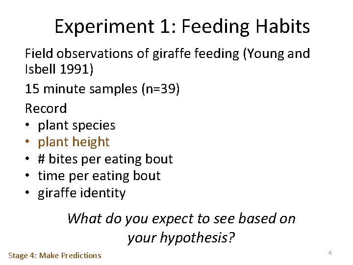 Experiment 1: Feeding Habits Field observations of giraffe feeding (Young and Isbell 1991) 15