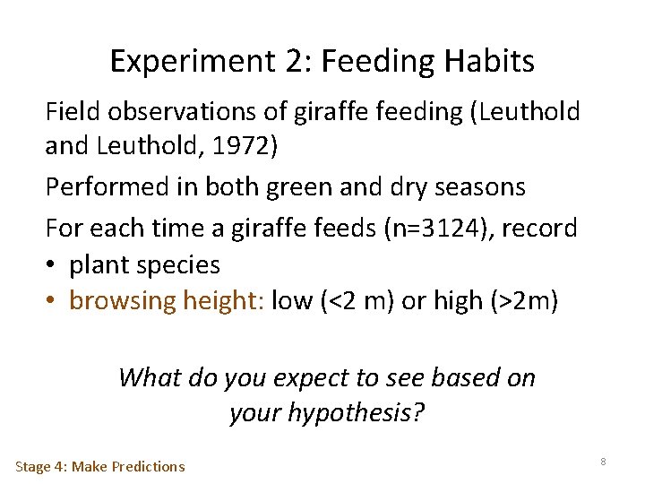 Experiment 2: Feeding Habits Field observations of giraffe feeding (Leuthold and Leuthold, 1972) Performed