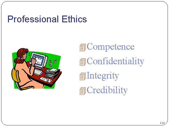 Professional Ethics 4 Competence 4 Confidentiality 4 Integrity 4 Credibility 1 -11 