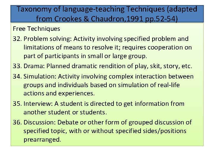 Taxonomy of language-teaching Techniques (adapted from Crookes & Chaudron, 1991 pp. 52 -54) Free Taxonomy of language-teaching Techniques (adapted from Crookes & Chaudron, 1991 pp. 52 -54) Free