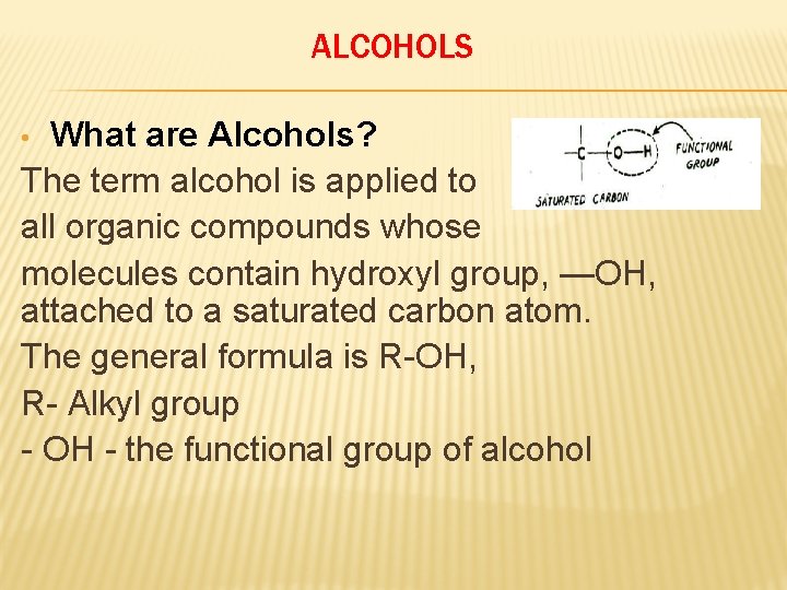 ALCOHOLS What are Alcohols? The term alcohol is applied to all organic compounds whose