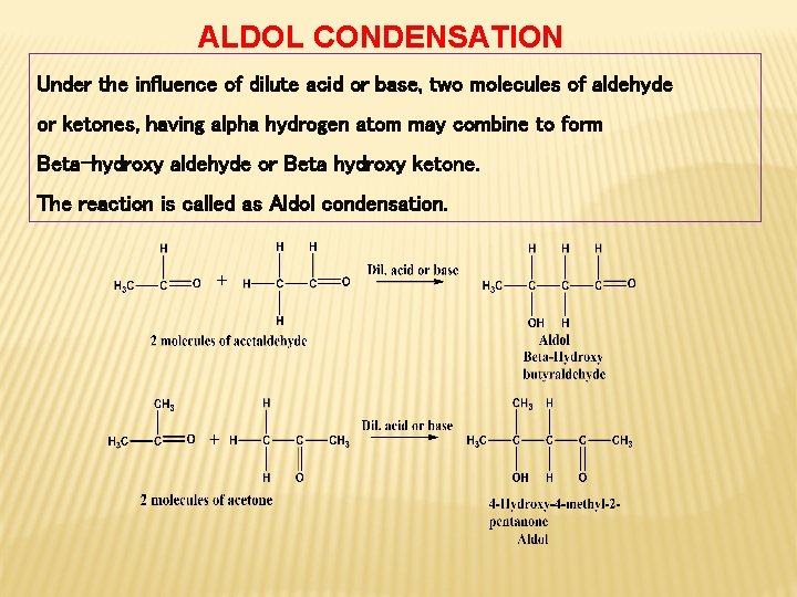 ALDOL CONDENSATION Under the influence of dilute acid or base, two molecules of aldehyde