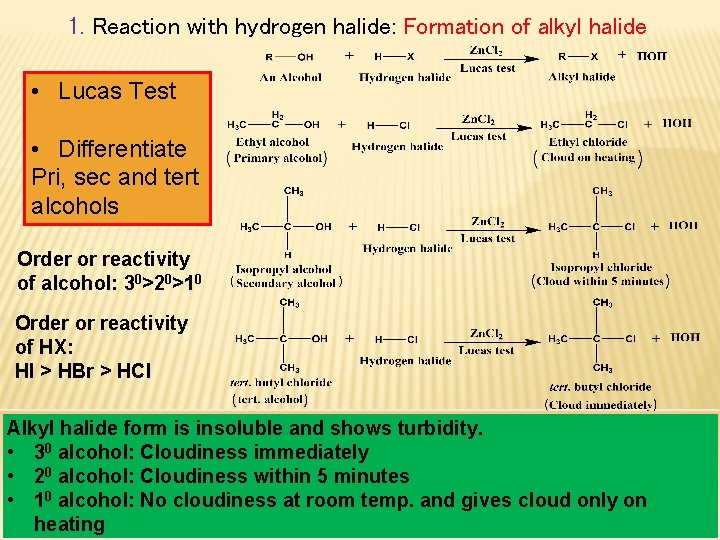 1. Reaction with hydrogen halide: Formation of alkyl halide • Lucas Test • Differentiate