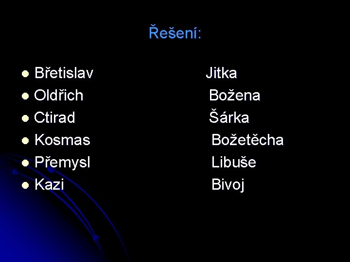 Řešení: Břetislav l Oldřich l Ctirad l Kosmas l Přemysl l Kazi l Jitka